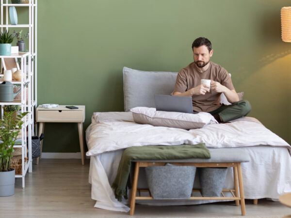 grey and green bedroom